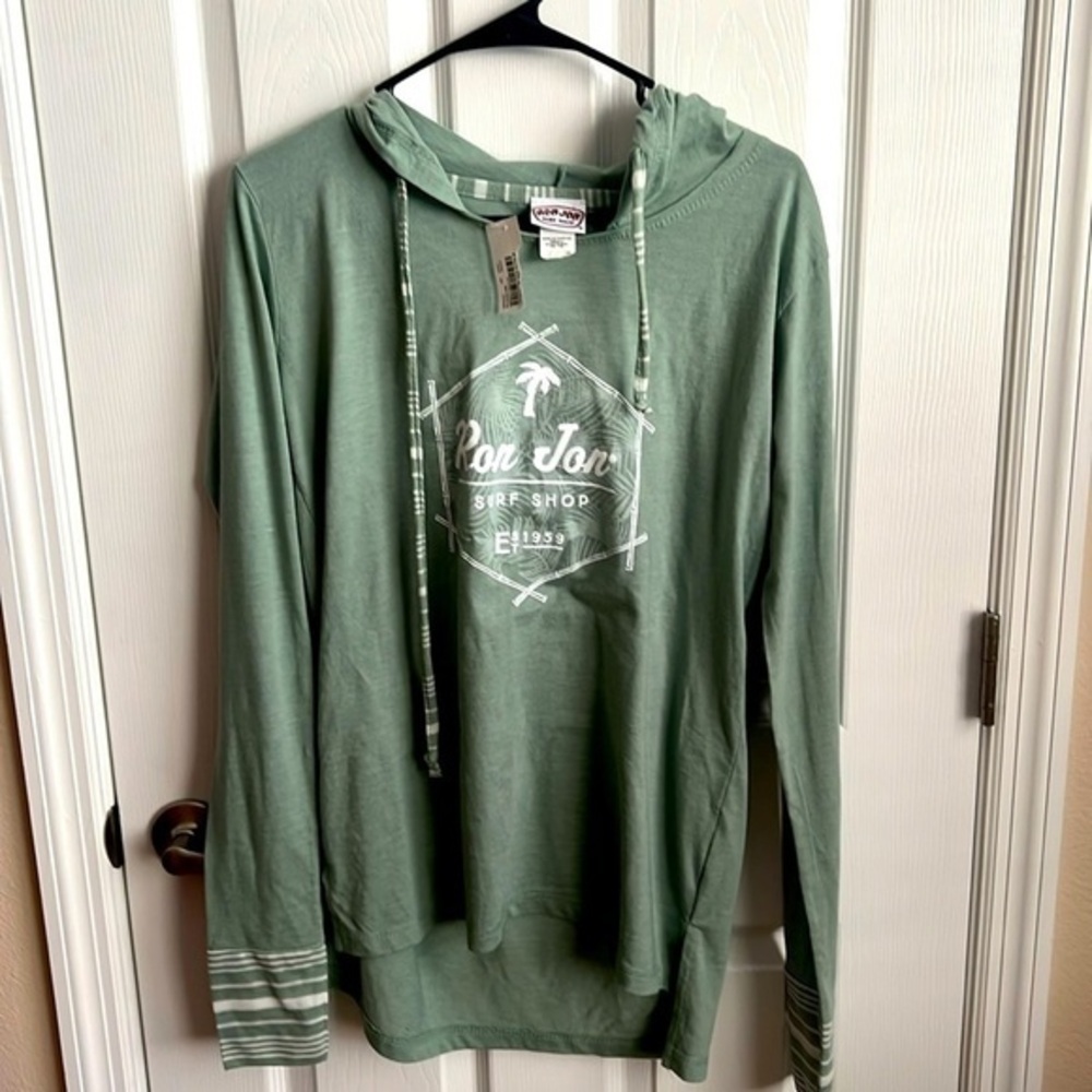New Ron Jon Surf Shop Hoodie Small Green White Striped Long Sleeve Beachy‎